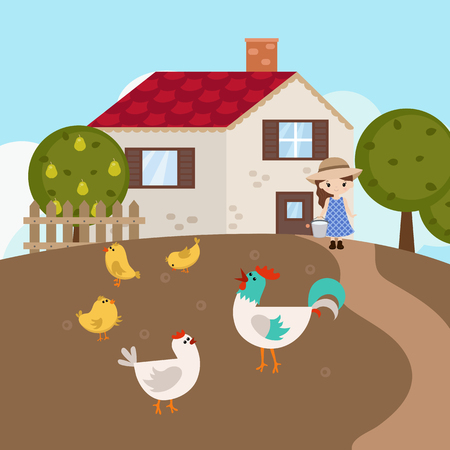 Cartoon landscape with farm animals.のイラスト素材