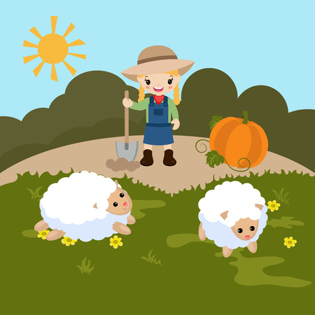 Cartoon landscape with farm animals.のイラスト素材