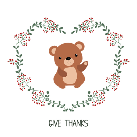Simple thank you card with bear. Vector floral frames.のイラスト素材