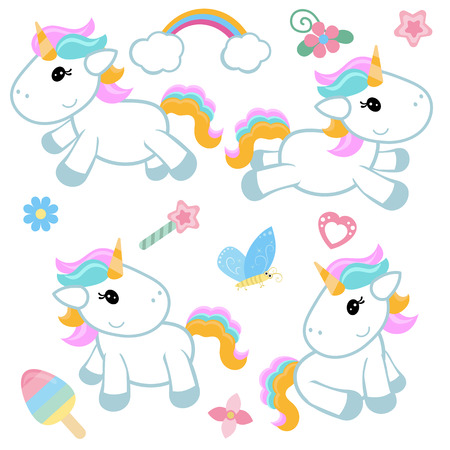 Collection cartoon unicorns. Birthday party elements. White background.のイラスト素材