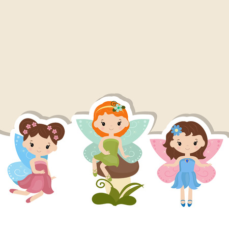 Greeting card with three cute fairies over a space for text  Vector background illustration.のイラスト素材