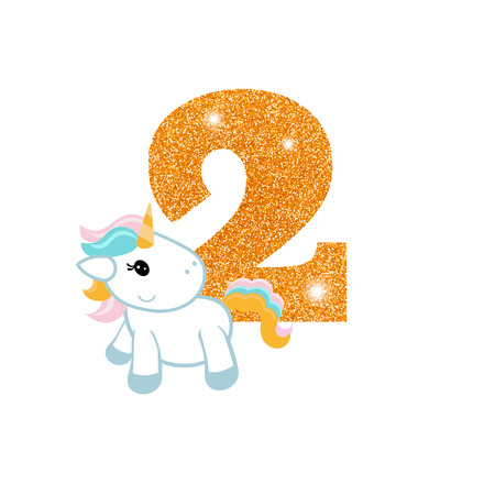 Gold glittering number two. Birthday anniversary number with cute unicorn. Birthday template with unicorn for greeting cards, invitations.のイラスト素材