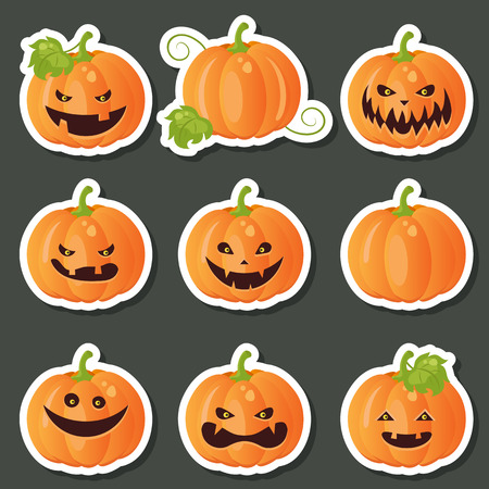 Collection of pumpkins mood smiles in Halloween day. Halloween party elements.のイラスト素材