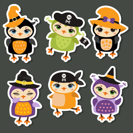 Collection of cute cartoon owl stickers. Happy Halloween.のイラスト素材
