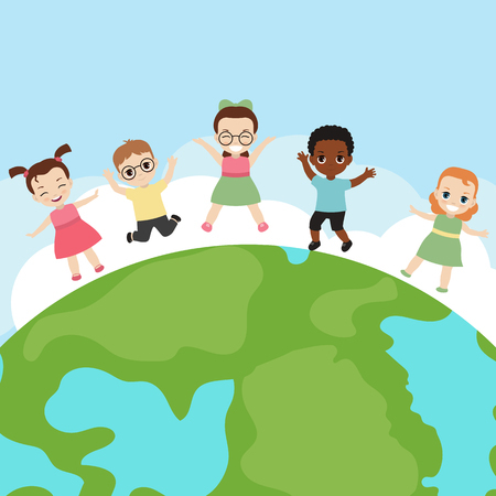 Happy children playing on top of a globe.のイラスト素材