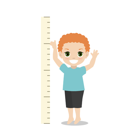 Kid measures the growth. Boy is measuring his height.のイラスト素材