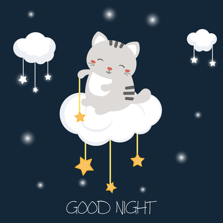 Illustration with cartoon cat sitting on the cloud. Good night card.のイラスト素材