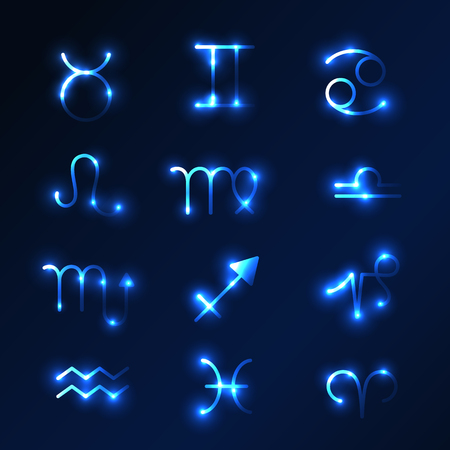 Set of zodiac icons on dark blue background.のイラスト素材