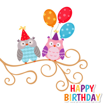Happy Birthday greeting card template with owls and balloonsのイラスト素材