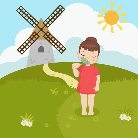 Little girl smelling flower. Cartoon style illustration. Forest landscape.のイラスト素材