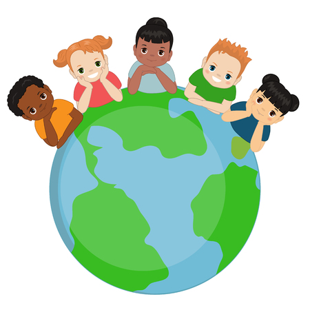 Illustration of happy children around the earth.のイラスト素材