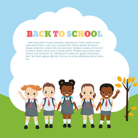 Happy school kids. Template for brochure with place for text. Cartoon style illustration.のイラスト素材