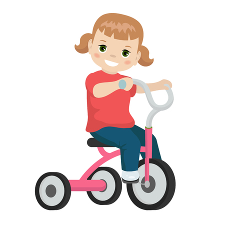 Little girl riding on the tricycle. Cartoon style illustration.のイラスト素材