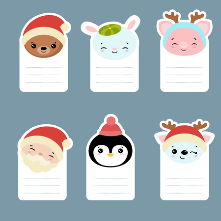 Collection of cards with cute cartoon characters head. Christmas theme.のイラスト素材