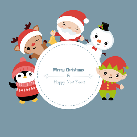Merry Christmas greeting card with Santa Claus and christmas cartoon characters. Vector illustration.のイラスト素材