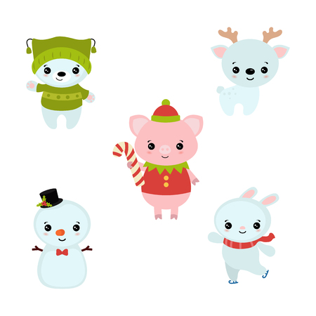 Set of cute cartoon characters. Christmas theme.のイラスト素材