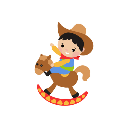 Little cowboy on a toy horse vector illustration. White background.のイラスト素材