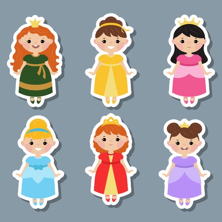 Cute collection of beautiful princesses with dust glitters. White background.のイラスト素材