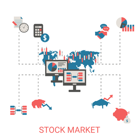 Stock market concept with business icons. Trendy flat design.のイラスト素材