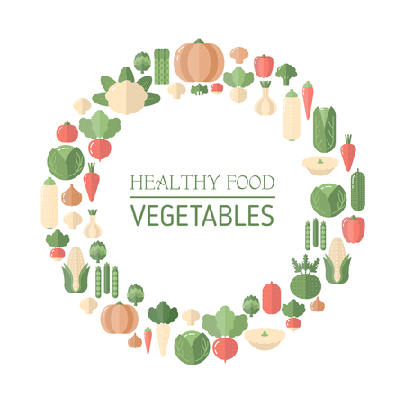 Colorful vegetables icons in round isolated on white. Flat design.のイラスト素材
