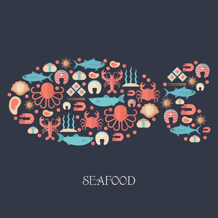 Background with colorful seafood and fish icons.のイラスト素材