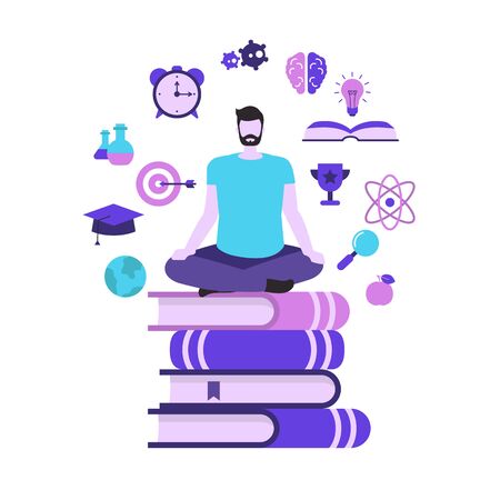Education and study concept with education icons. Young man is sitting on a stack of books.のイラスト素材