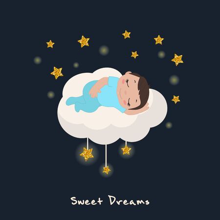 Vector illustration of cute baby boy sleeping on a cloud. Stars with gold glitters.のイラスト素材