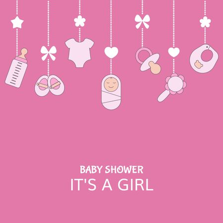 Baby girl shower invitation card with simple baby symbols. Vector design templates for greeting gift cards, flyers etc.のイラスト素材