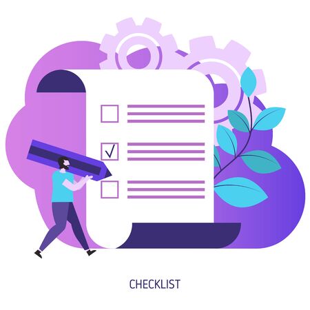 Checklist with tick marks. Man holding pencil. Vector illustration.のイラスト素材