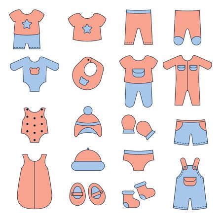 Set of cute clothes for baby including bodysuits, shirts, shoes. Vector illustration.のイラスト素材
