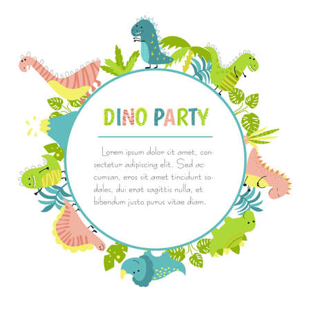 Invitation card for a dinosaur party, birthday, kids party, baby shower. Background with cute dinosaurs.のイラスト素材