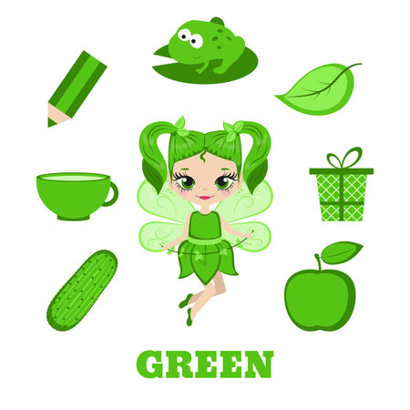 Fairy with green objects. Learning the object colors for kids.のイラスト素材