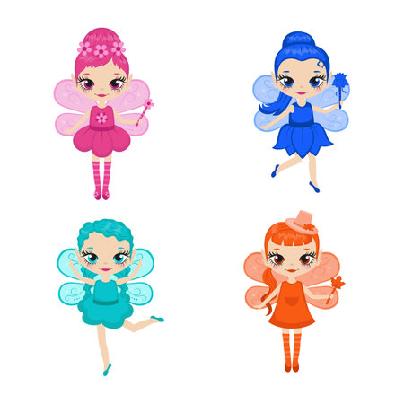Set of cartoon fairies characters. Fairy creatures with sparkly wings. Fairies in four colors - pink, blue, orange, dark blue. Vector illustration.のイラスト素材