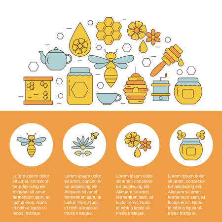 Background with honey and bee icons. Site template.のイラスト素材