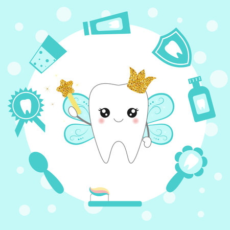 Cleaning and whitening teeth concept. Cartoon fairy tooth character. Vector illustration.のイラスト素材