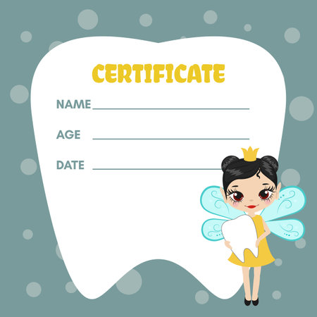 Cute tooth fairy receipt certificate. Document design to reward children who loose their baby teeth. Vector illustration.のイラスト素材