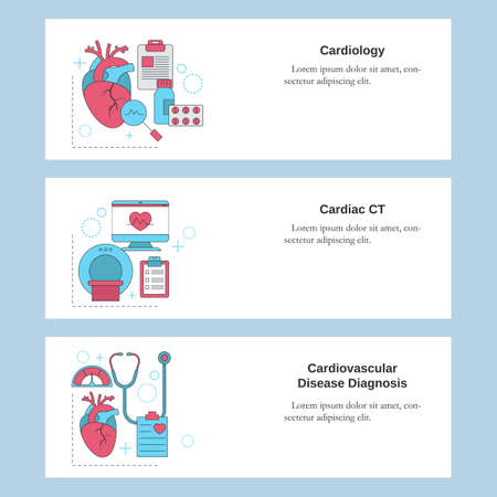 Cardiology, Cardiac ct, Cardiovascular disease diagnosis. Vector template for website, mobile website, landing page, ui.のイラスト素材