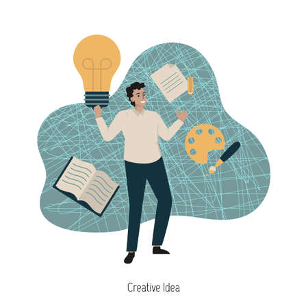 Creative ideas concept with character. Man get creative idea. Modern vector illustration.のイラスト素材