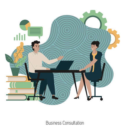 Business consultation concept with characters. Business advise or consultation service. Businessman discussing business strategy. Modern vector illustration.のイラスト素材
