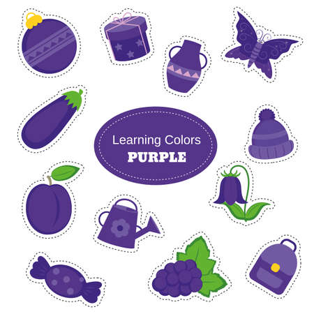 Purple objects. Learning Colors. Color Worksheet. Education set. Illustration of primary colors.のイラスト素材