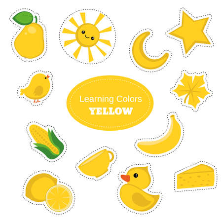 Yellow objects. Learning Colors Worksheet Education set. Illustration of primary colors.のイラスト素材