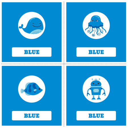 Cards for Learning Colors. Blue color Education set. Illustration of primary colors.のイラスト素材