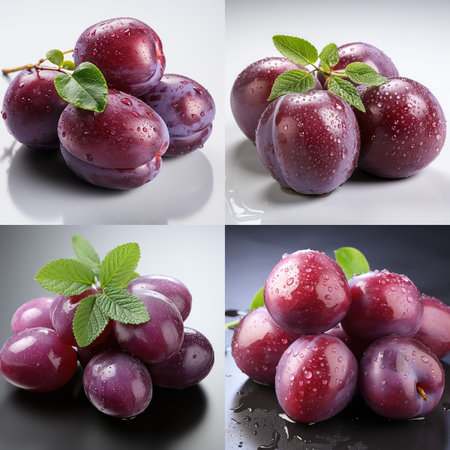 Collage of fresh plums with water drops on a black backgroundの素材