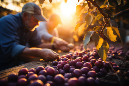 Farmer harvesting plums in orchard, harvesting plums.の素材