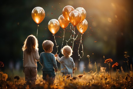 Two little children, boy and girl, playing with balloons in the autumn park.の素材