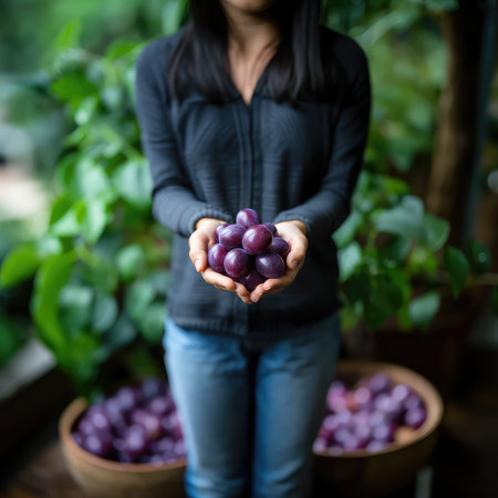 Woman holding fresh plums in her hands in a garden. Selective focus.の素材