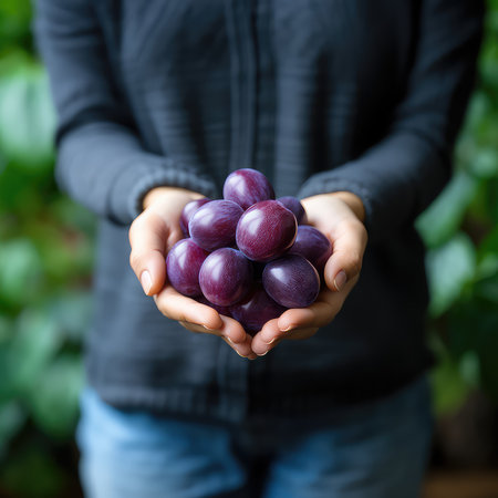 Woman holding fresh purple plums in her hands, close-upの素材