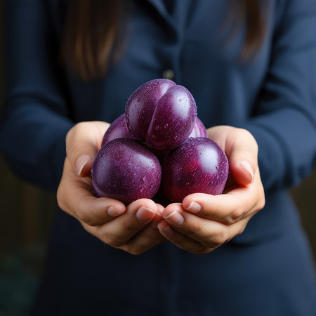Closeup of woman hands holding fresh purple plums on dark backgroundの素材