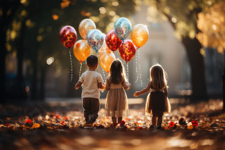 Cute little children, boy and girl, playing with balloons in the autumn parkの素材