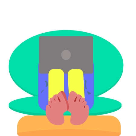 Vector flat style illustration. Freelance woman working at home office using laptop. Freelance concept.のイラスト素材